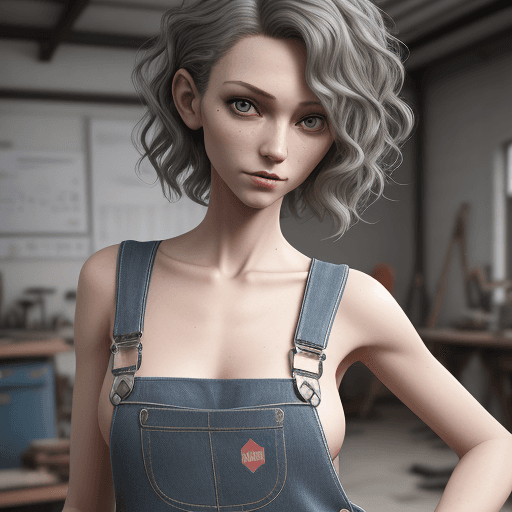 AI generated: slim, slender, looking at viewer, overalls, no bra, short hair, wavy hair, (masterpiece), (best qual...