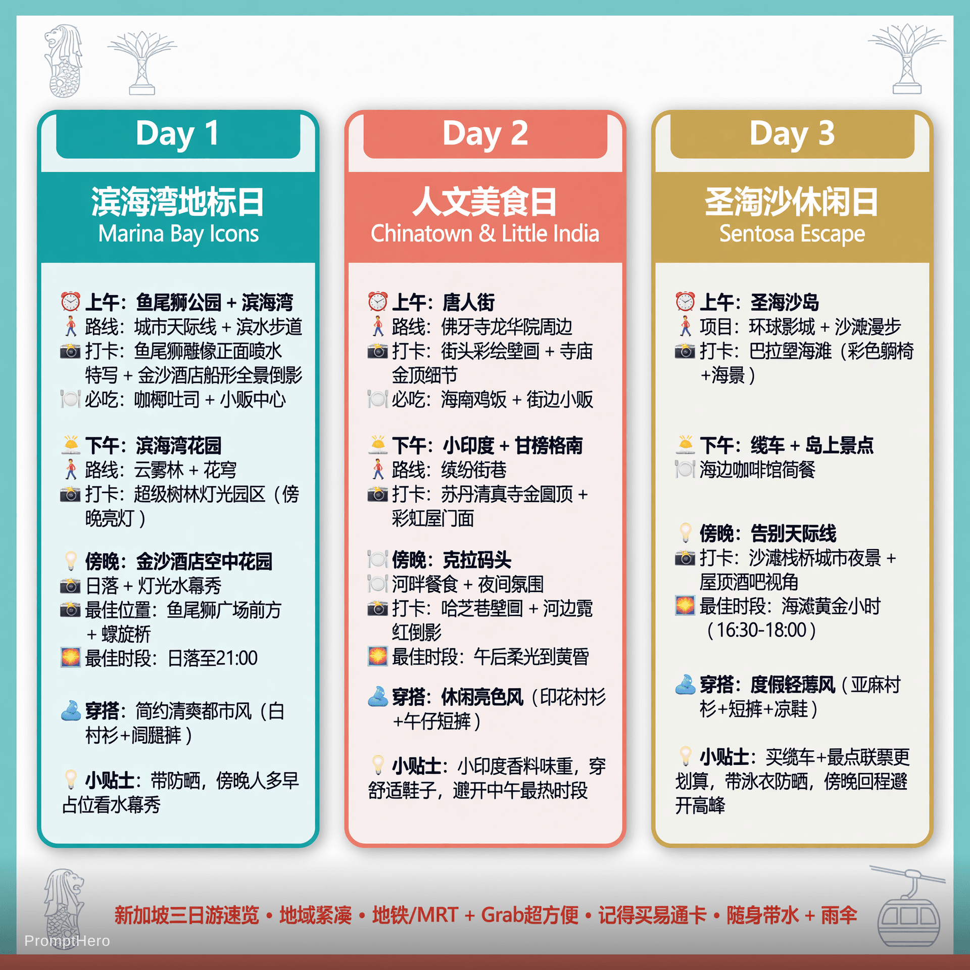 AI generated: 我计划开启一场为期三天的新加坡观光之旅。能否将以下内容整理成三张简洁、适合做成信息图的卡片？ ✅ 新加坡三日游信息图卡片 详细行程安排 | 打卡点位 / 拍照推荐 | 避坑小贴士 第一天 滨海湾及地标...