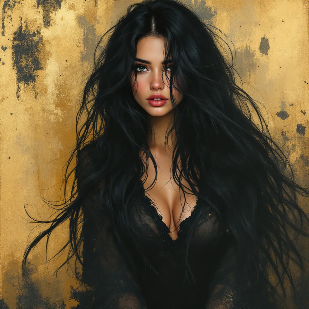 AI generated: a woman with long black hair in a gold painting, in the style of charlie bowater, dark blue and dark...