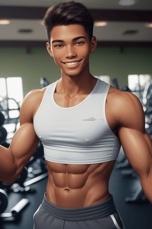 AI generated: Photo of young man with toned body and western face smiling confidently in gym wearing sportswear (o...
