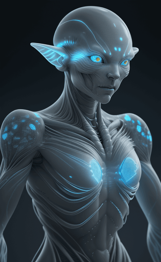 AI generated: gray translucent alien, blue glowing eyes, bio engineered, covered in glowing veins that pulse with ...