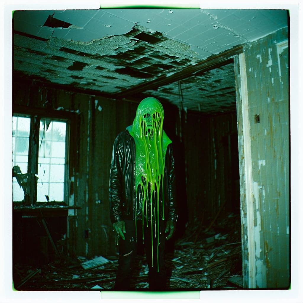 AI generated: grainy 80's photograph quality polaroid of king slime suicide caught in an abandoned house, dark