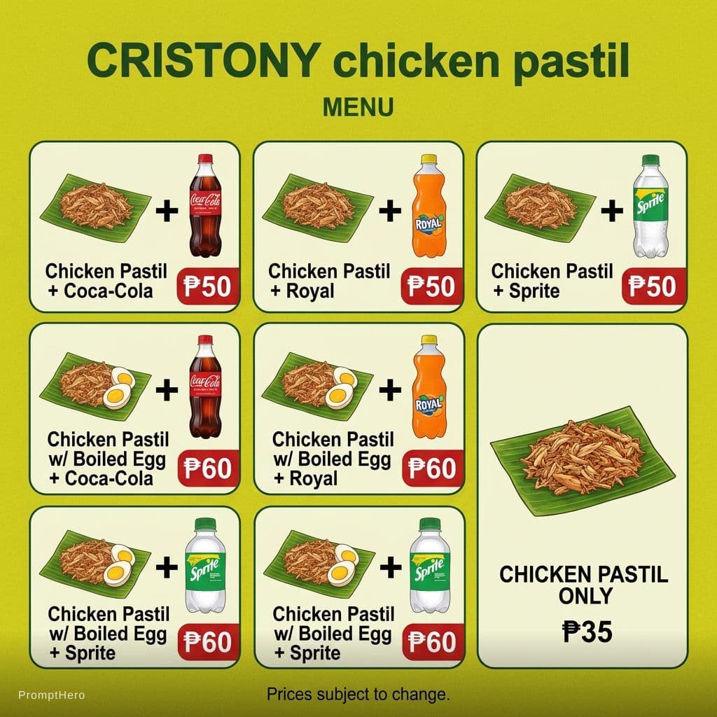 AI generated: Make a image chicken pastil+sprite  for P50, chicken pastil+coca cola for P50, chicken pastil+royal ...