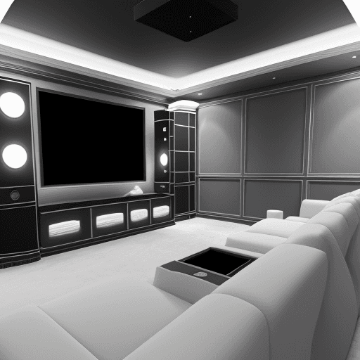 AI generated: cutout view of a high end home theater with cutting edge electronic, 2 rows of seating, one low poly...