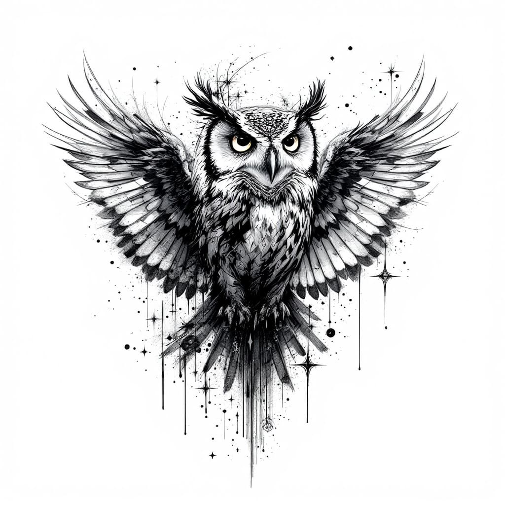 AI generated: tatoo, concept, eagle owl, black and white, abstract