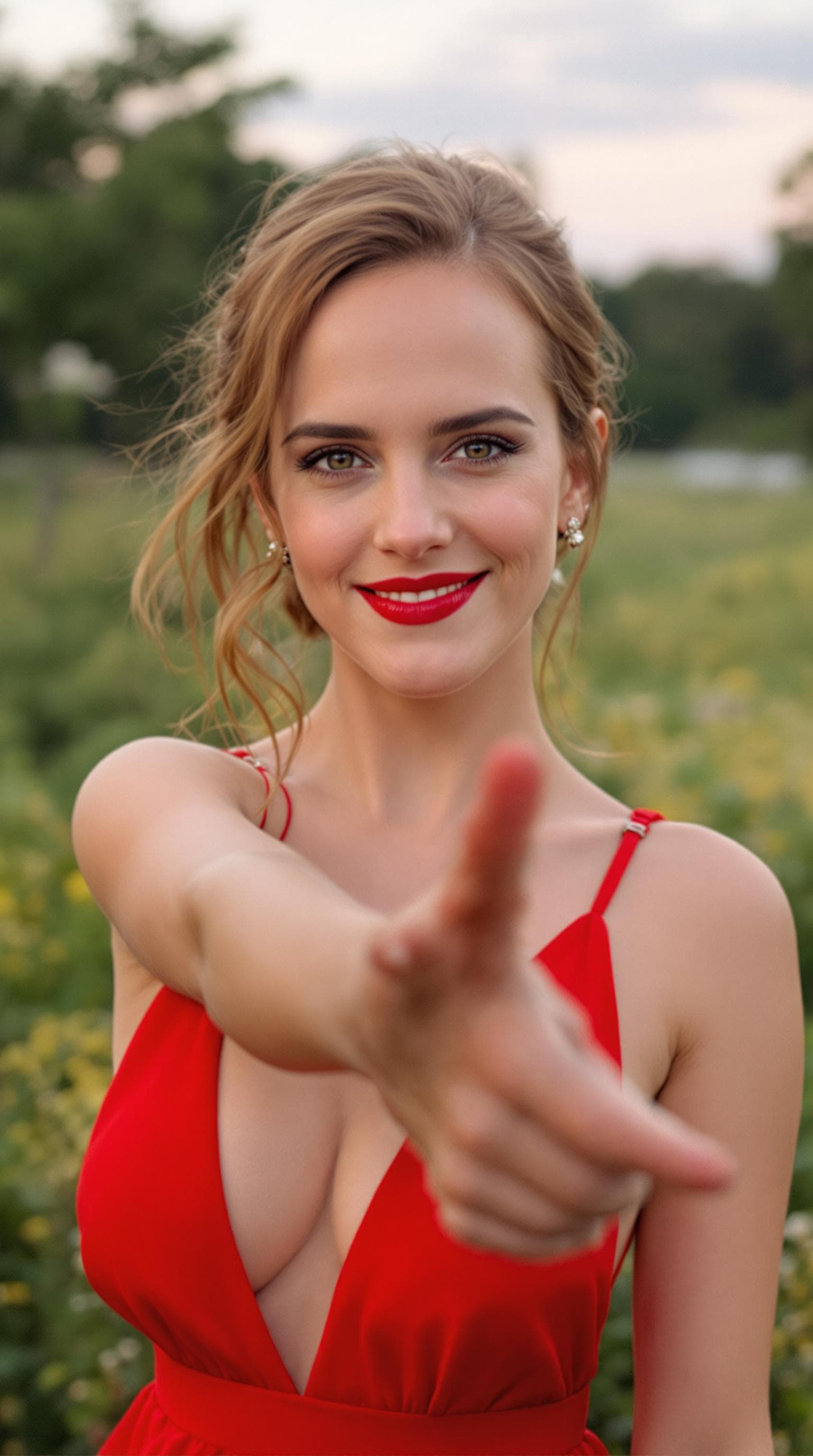AI generated: A photo of Emma Watson wearing a low-cut red summer dress. Graden background around 5pm. Looking and...