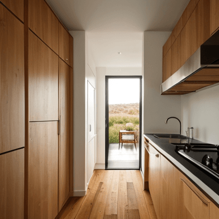 AI generated: interior design,kitchen,modern,wooden floor,taup walls,left door,front sink under panoramic window,o...