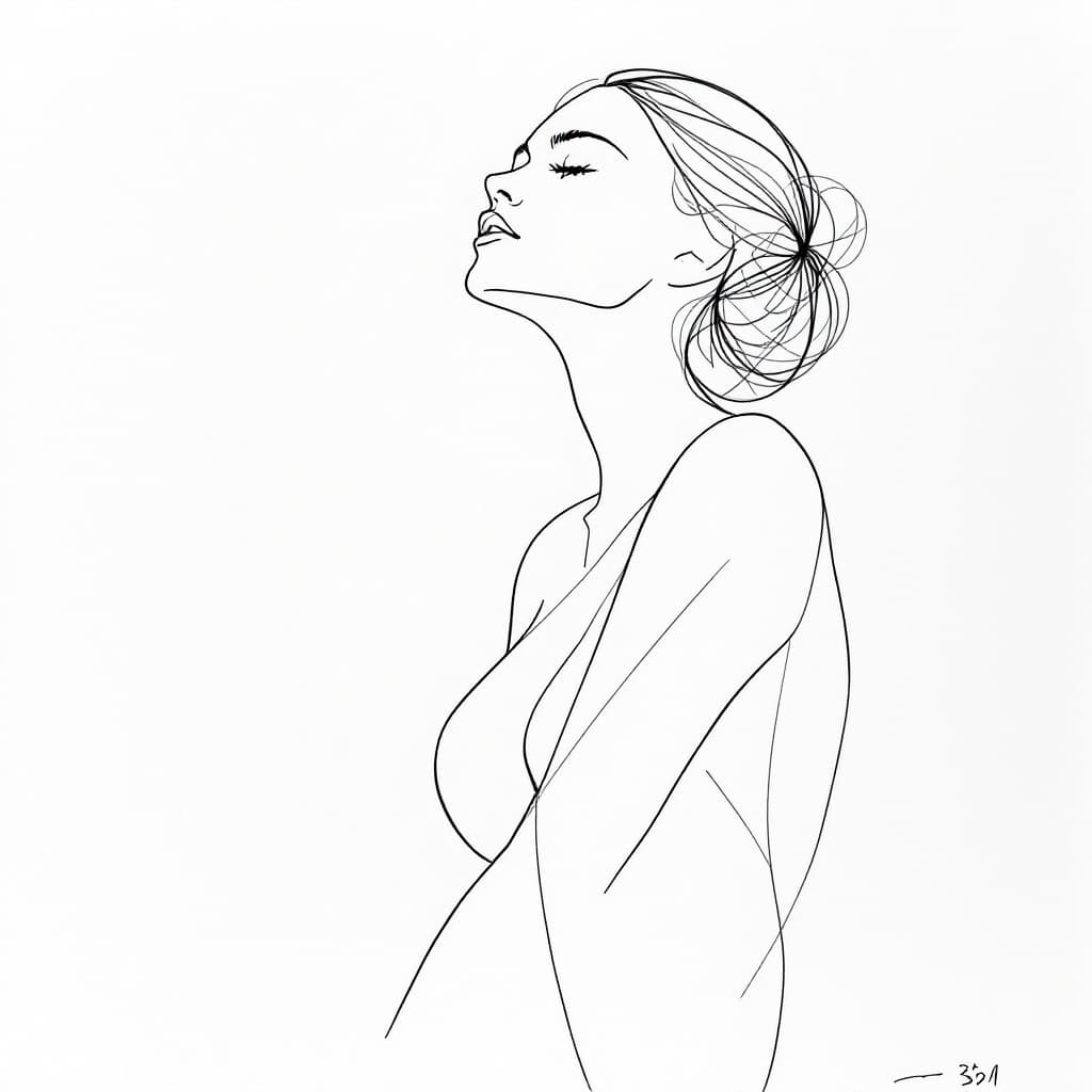 AI generated: Create a minimalist, abstract sketch of a woman, using very basic and delicate lines to define her f...