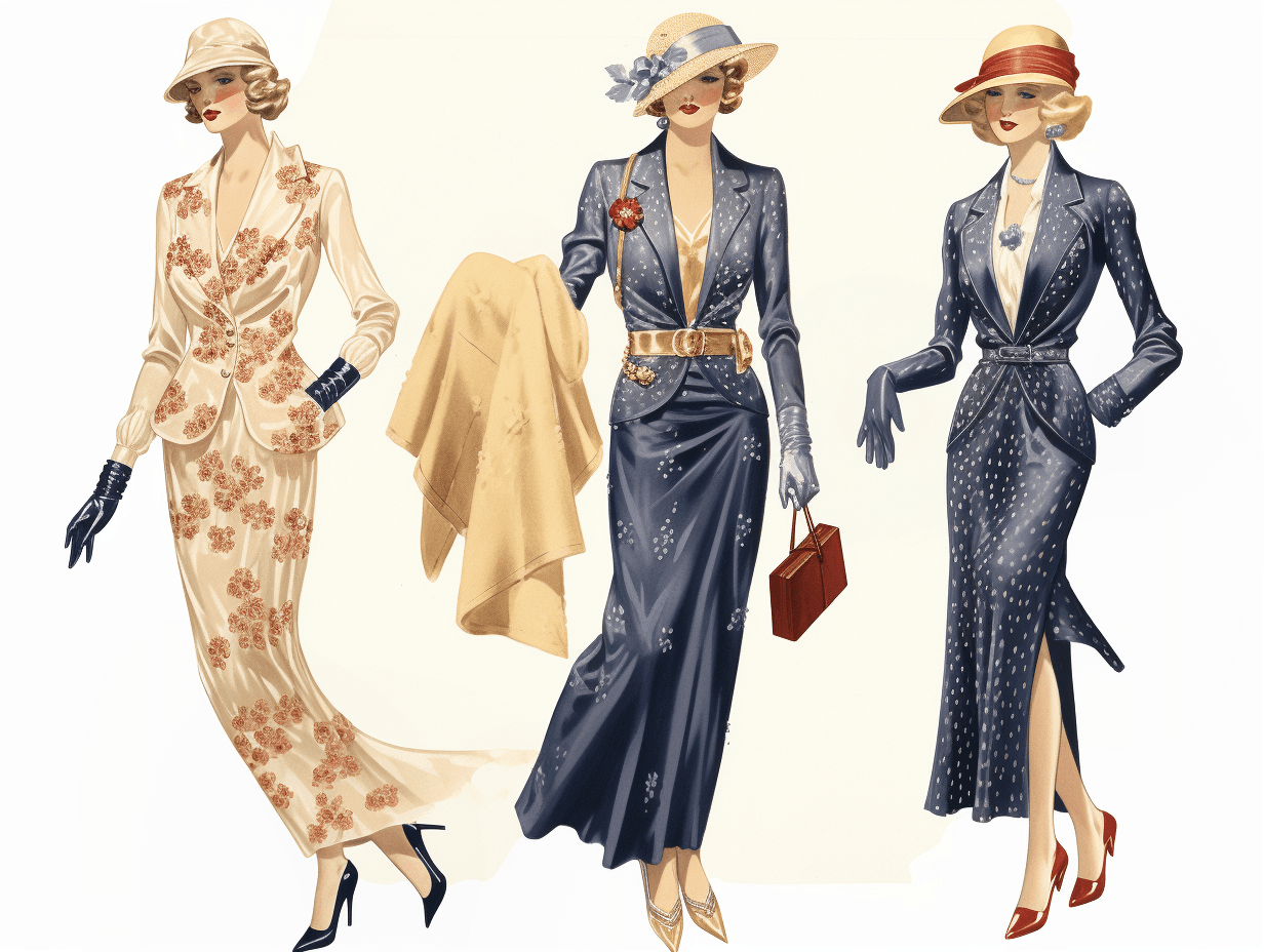AI generated: vintage fashion illustration, three women in different poses wearing elegant outfits and gloves, one...