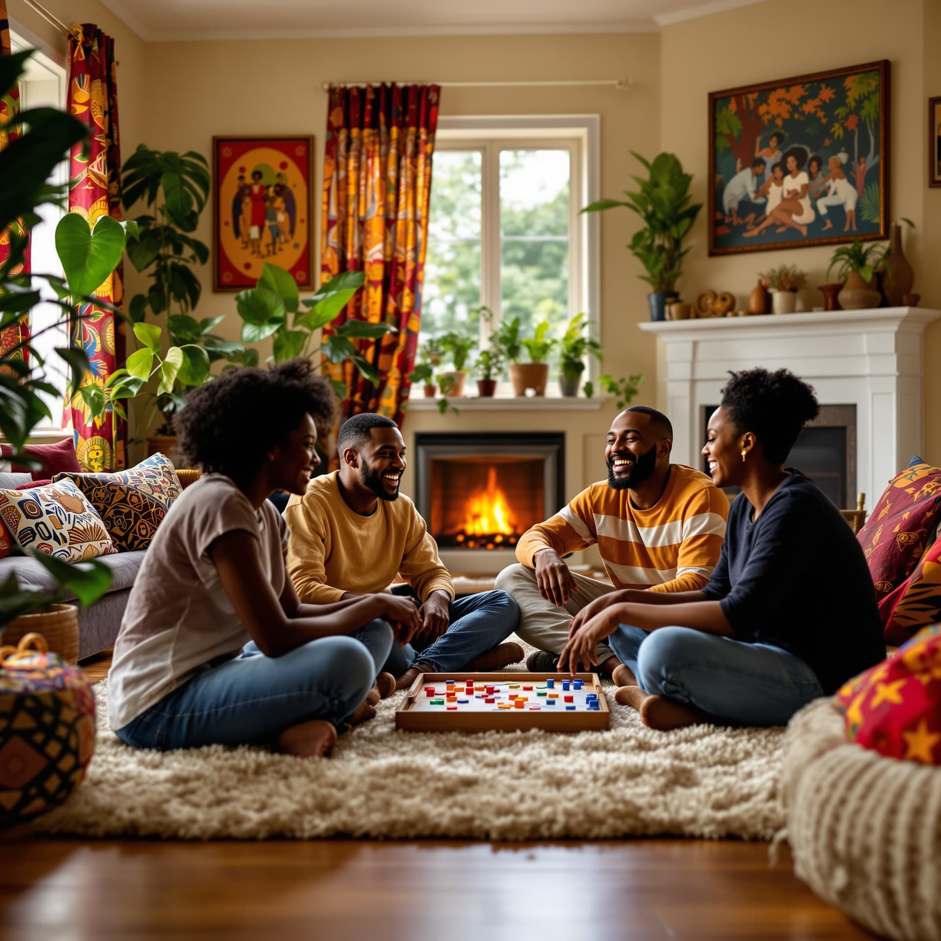 AI generated: A warm, inviting living room filled with natural light, decorated in vibrant Afrocentric patterns an...