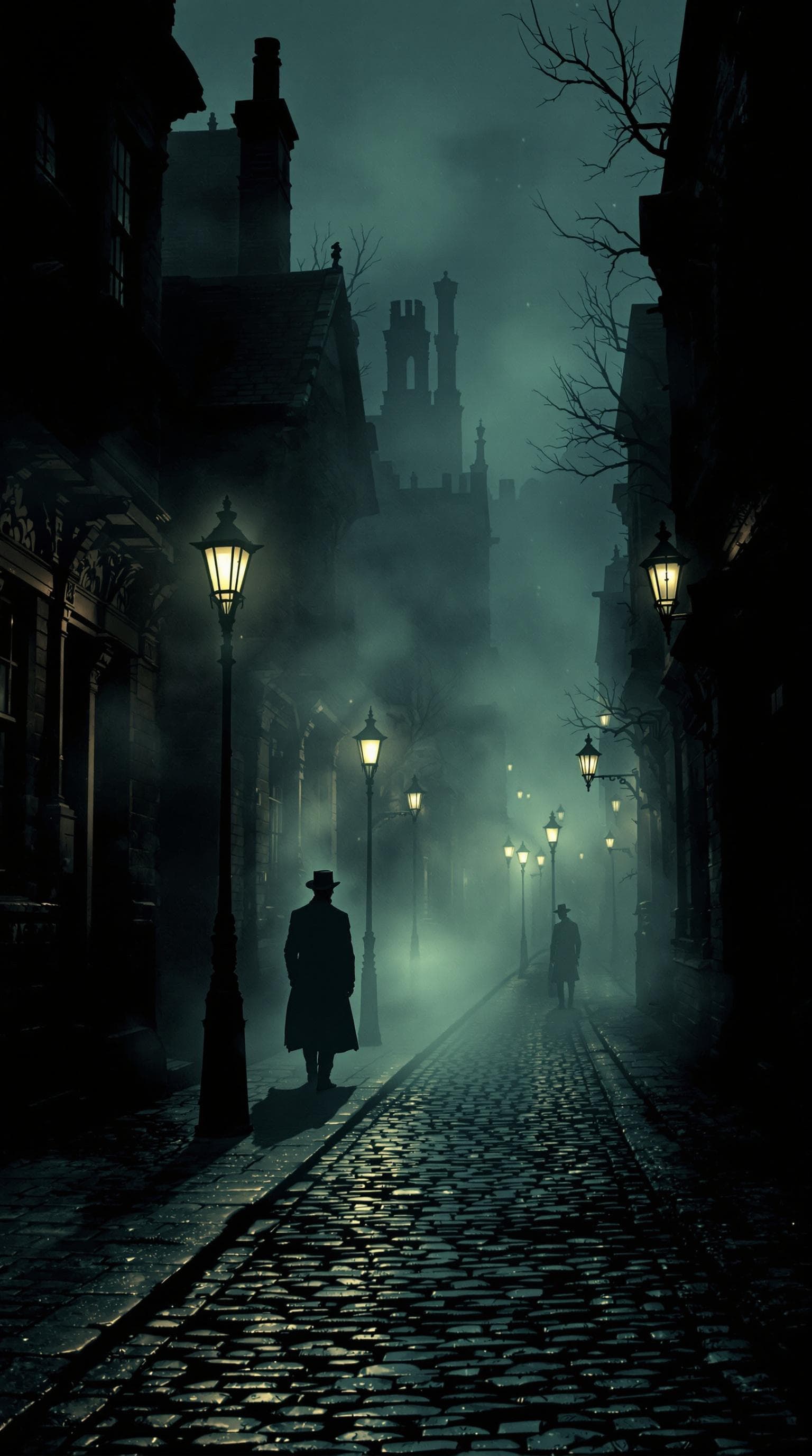 AI generated: An eerie and mysterious Victorian street scene in Richmond, London, shrouded in thick fog. Gas lamps...