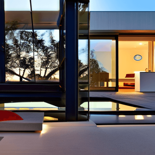 AI generated: Hyper realistic eye level exterior photo of a mid century modern style house overlooking the ocean, ...