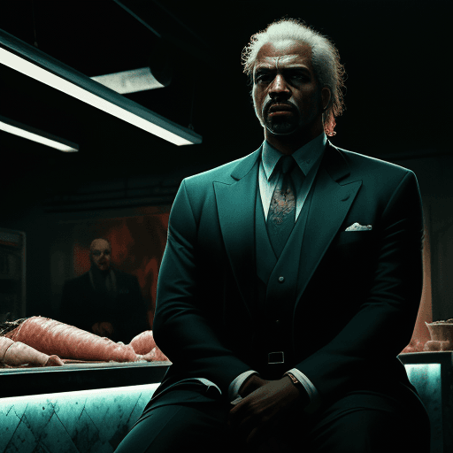 AI generated: 1980s Miami vice-style mafia crime boss, wearing three-piece suit, sitting in a butcher shop, dead b...
