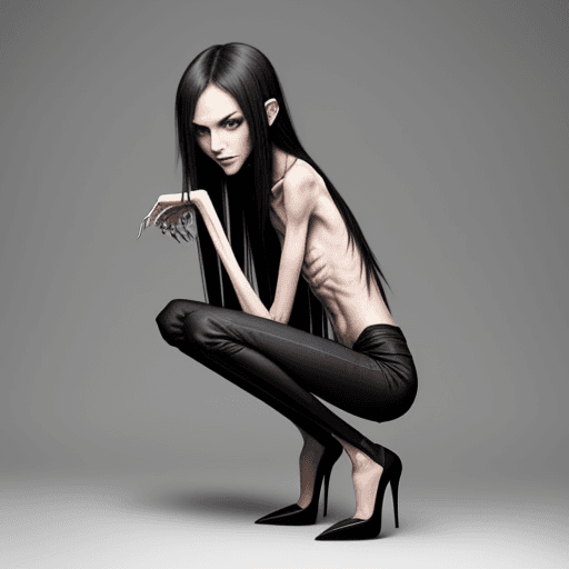 AI generated: very skinny slender girl, with long curved claws, with skinny legs and long skinny calves in high he...
