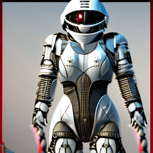 AI generated: white sci-fi female armor with cybernetic helmet, full armor, insulated armor, spacesuit, bald head,...