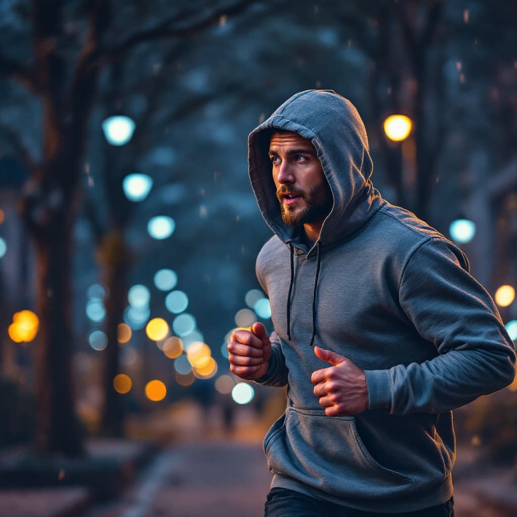 AI generated: man running with wearing a gray hoodie at 3 am 