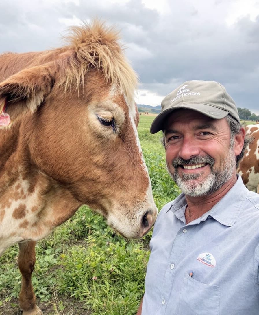 AI generated: Um produtor sorridente em uma fazenda 