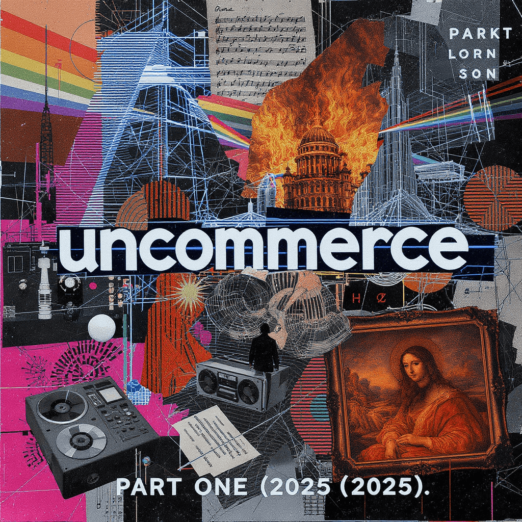 AI generated: A surreal, chaotic collage-style album cover for the artist "uncommerce" — titled "Part One (2025)"....