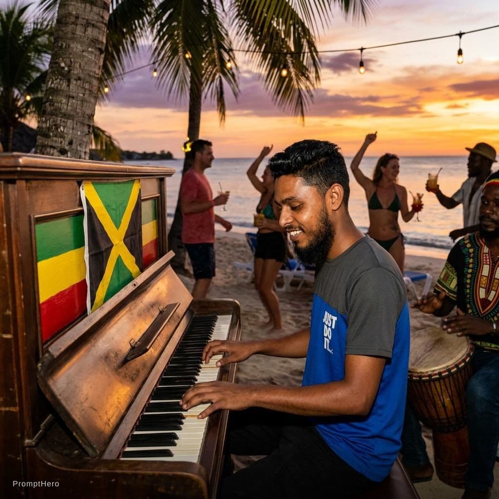 AI generated: a piano player in jamaica vibes 
