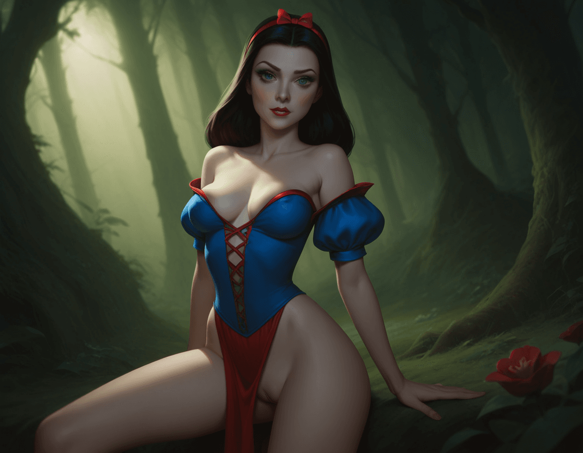 AI generated: score_9, score_8_up, score_7_up, Disney, Snow White, adult theme, enchanted forest, loin cloth, labi...