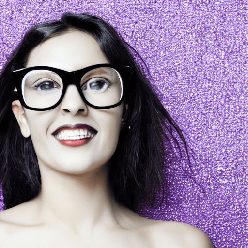 AI generated: black and white woman face photo, close-up, purple glasses, purple lips, black background