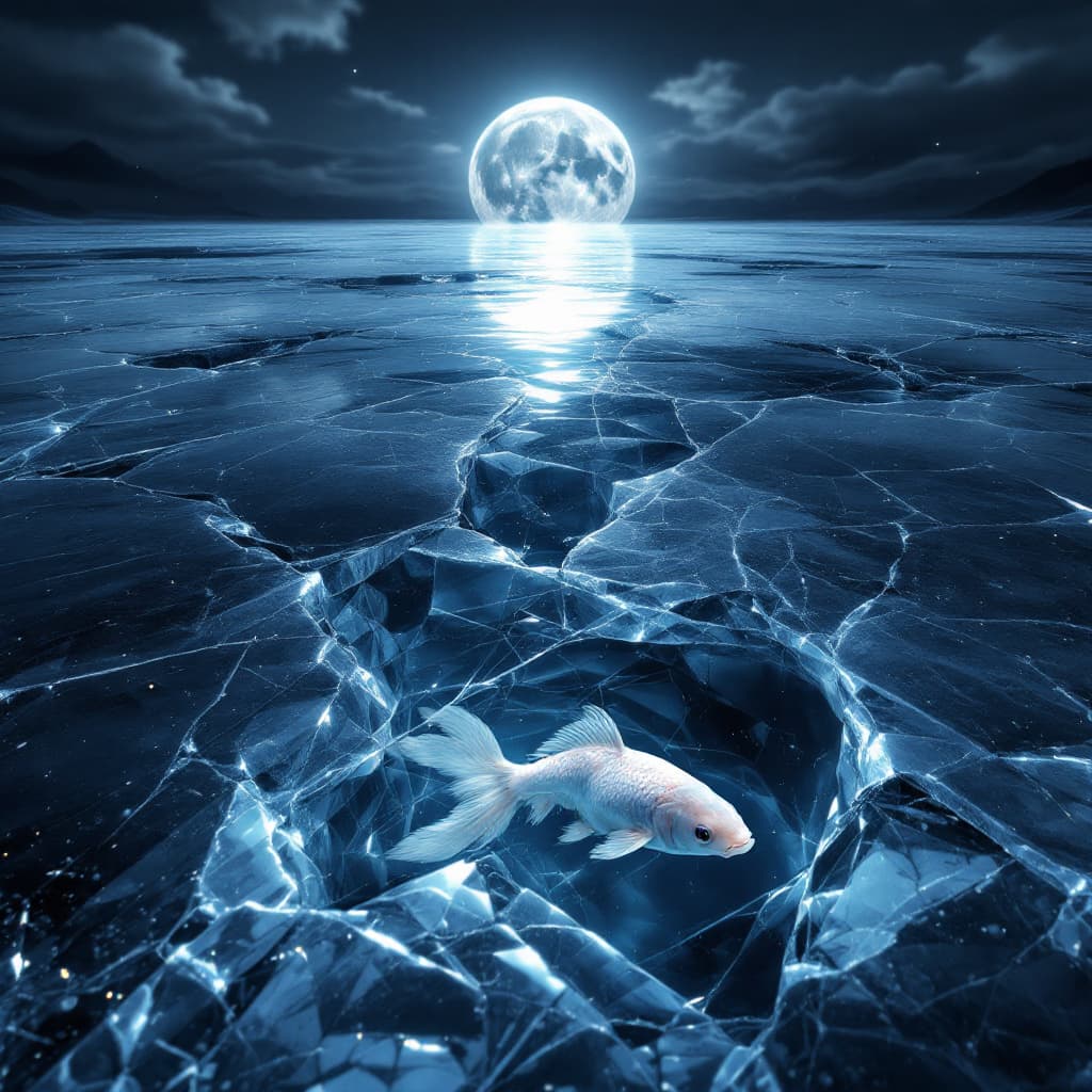 AI generated: looking straight  down on a highly reflective ice on lake which greatly fractured showing the full m...
