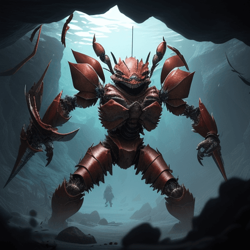 AI generated: A battle-hardened crab with a mechanical claw, standing in an underwater cave. The mechanical claw i...
