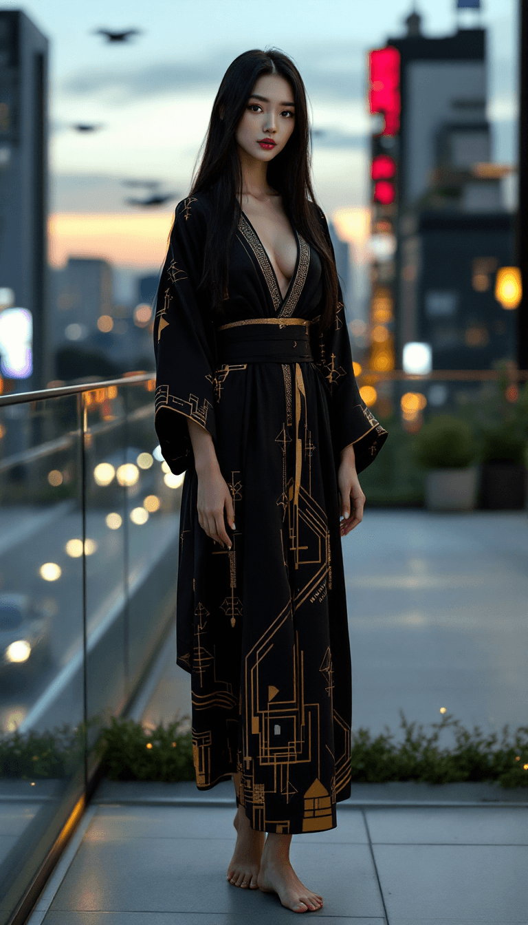 AI generated: Full body view of a stunning Japanese woman with delicate features, large brown eyes, and long strai...