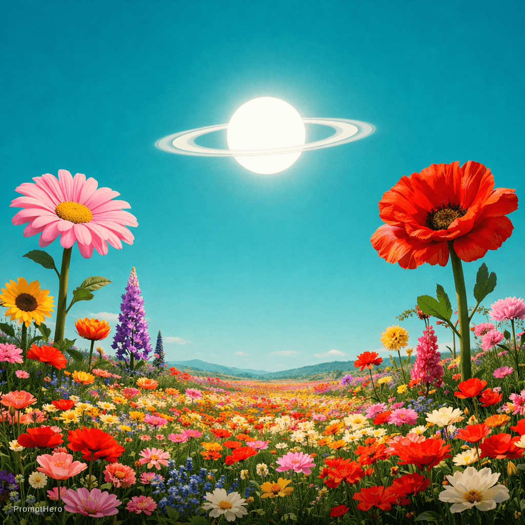 AI generated: a scenic landscape of a massive field of flowers some flowers are as tall as trees but the sky has a...