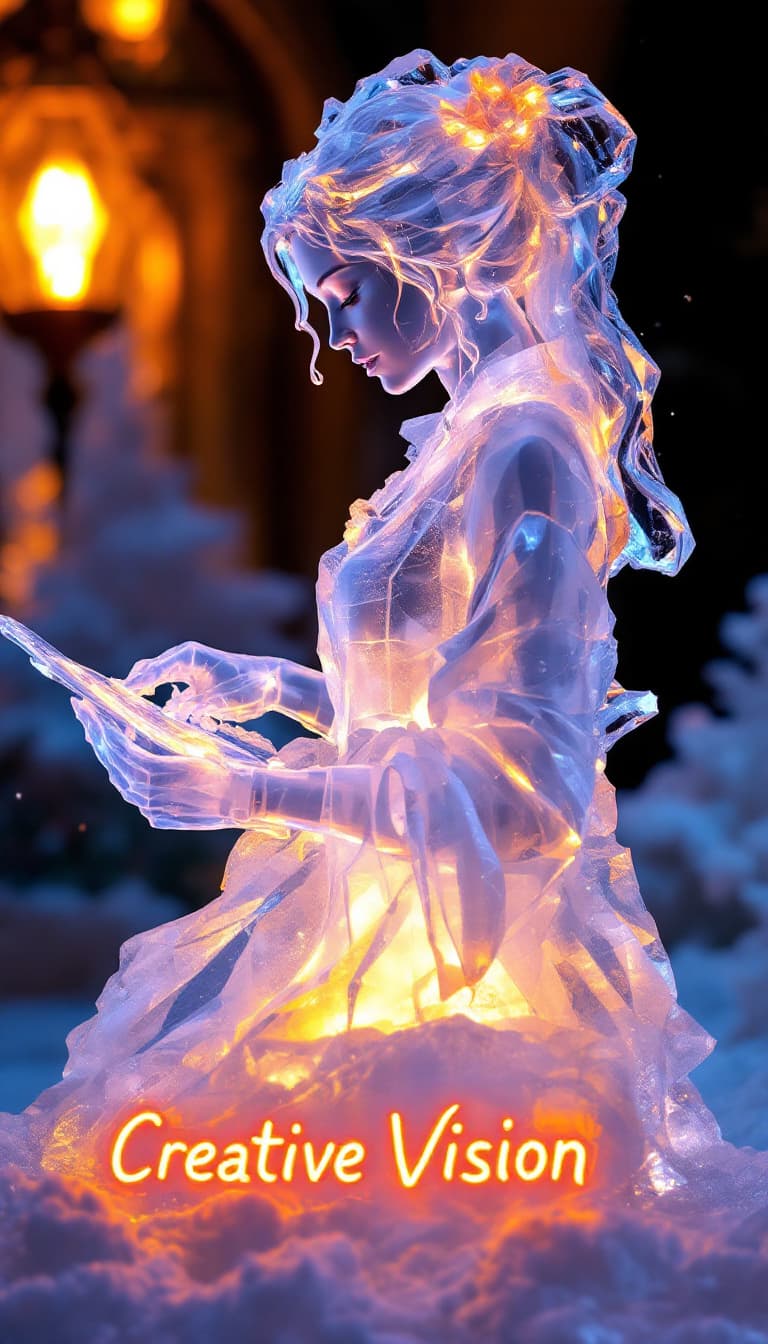 AI generated: Design a card featuring an ice sculpture of a Renaissance Artist, her transparent figure radiating i...