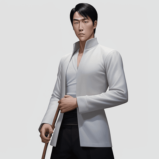 AI generated: A tall young man resembling movie legends Jet Li and Jackie Chan mythology, leans in a sophisticated...