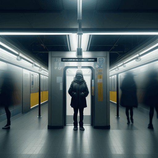 AI generated: create an image of a person standing alone in a subway station, under a single bright fluorescent li...