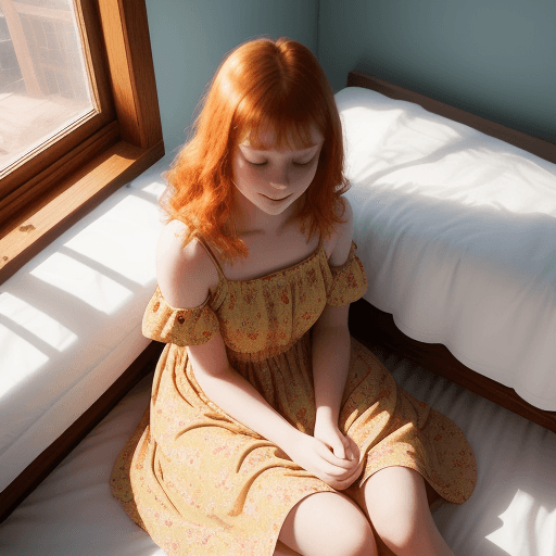 AI generated: girl in her 20s wearing colorful summer dress lies on a big bed with her young ginger cat in a bed c...