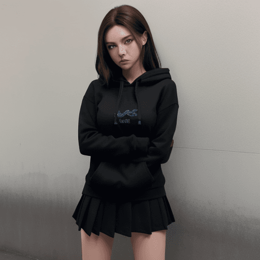 AI generated: Woman wearing a black hoodie, black skirt, and black knee-high socks. She has brown hair and blue ey...