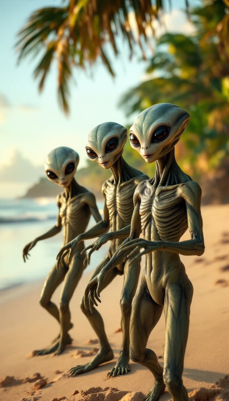 AI generated: A video of three hyper-realistic, highly detailed aliens dancing the Macarena on a beach in Costa Ri...