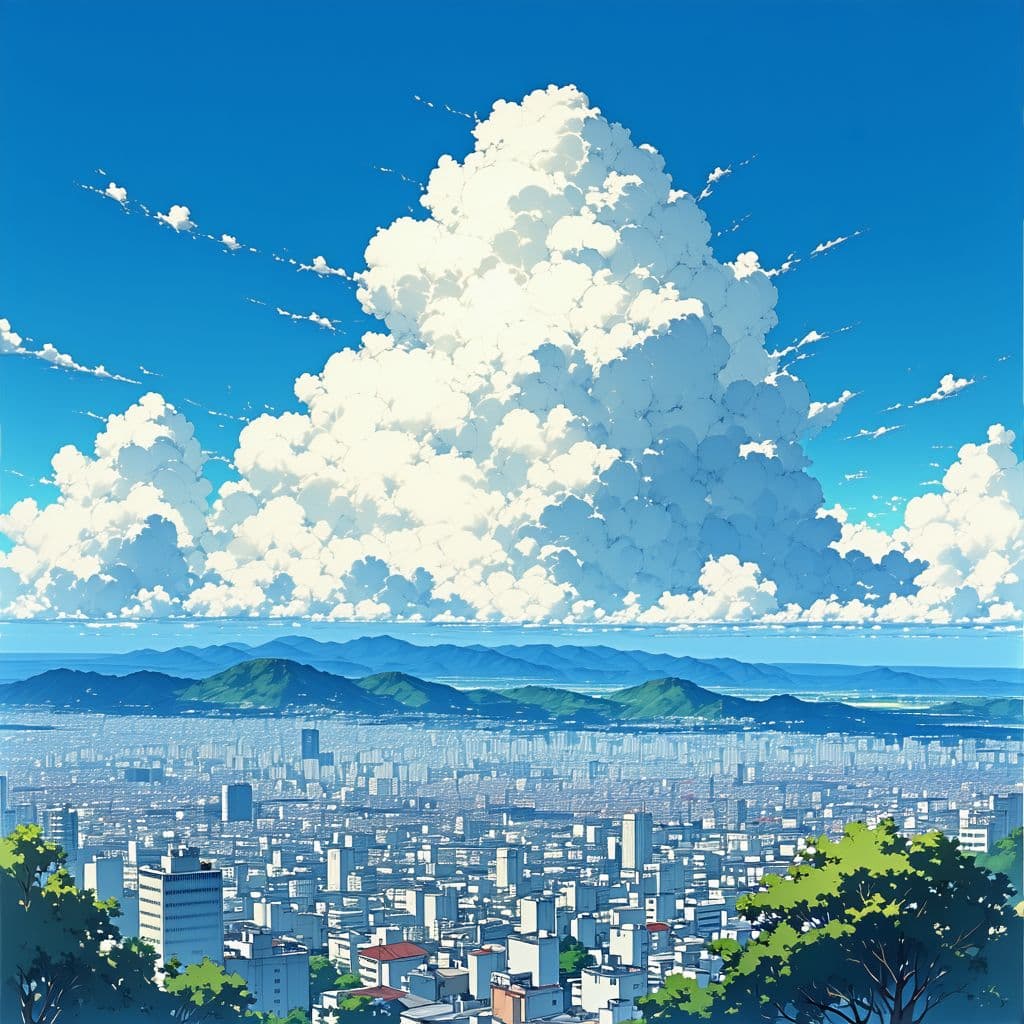 AI generated: illustrator like ghibli studio art, perspective of city from HORIZEN and blue sky with some big whit...