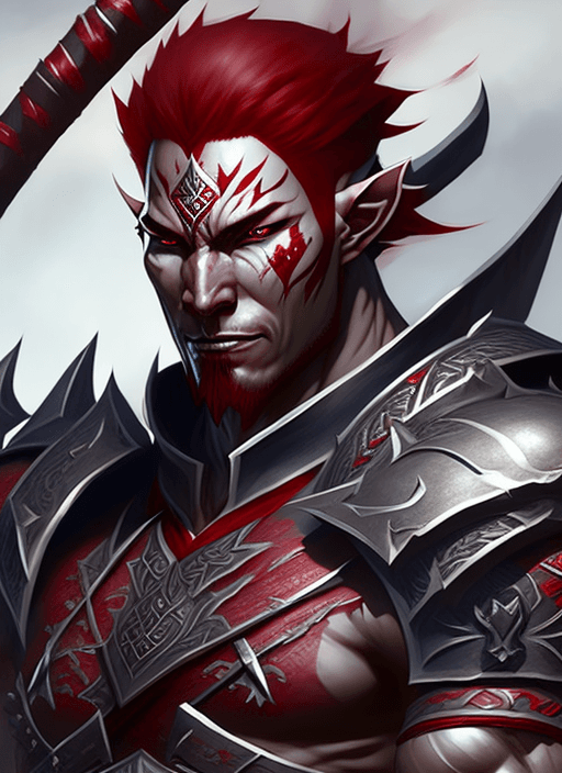 AI generated: evil male elf warrior with muscular grey skin and red hair, samurai armor, ultra realistic, concept ...