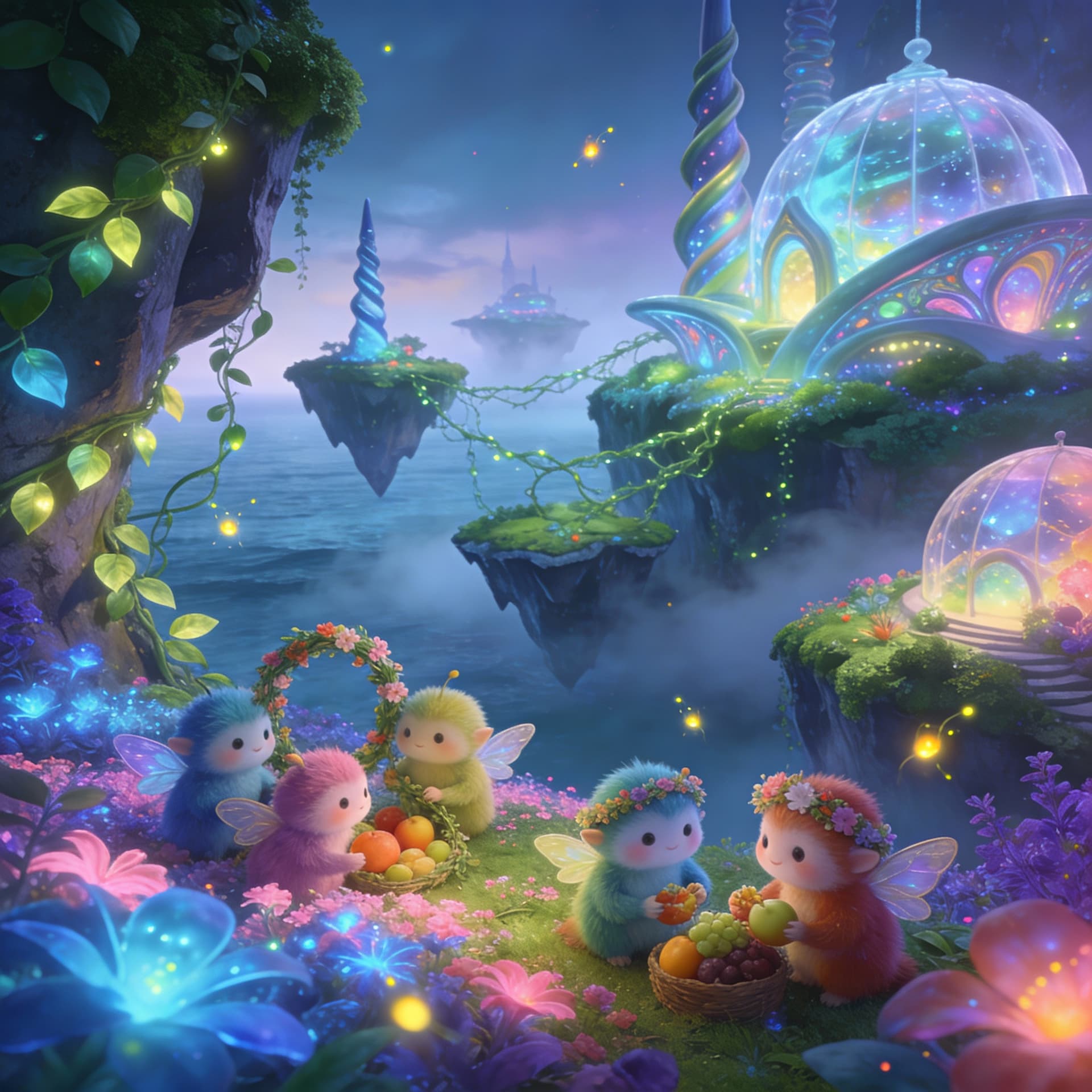 AI generated: An imaginative and artistic scene of a fantasy world, with a vibrant landscape that includes floatin...