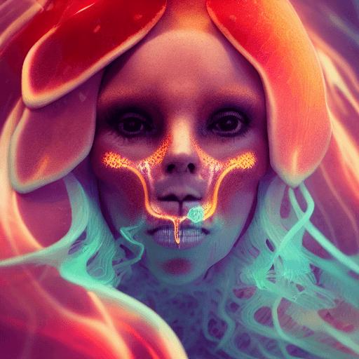 AI generated: Goddess close-up portrait ribcagel. jellyfish phoenix head, nautilus, orchid, skull, betta fish, bio...