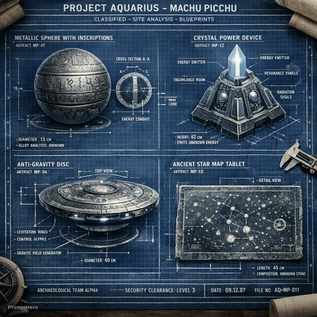AI generated: Project Aquarius, Machu Picchu, blueprints of the objects found there. High detail, photo realistic....