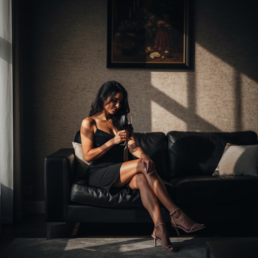 AI generated: cinematic photograph, dark shadows, high contrast, photorealistic

A woman in a black spaghetti st...
