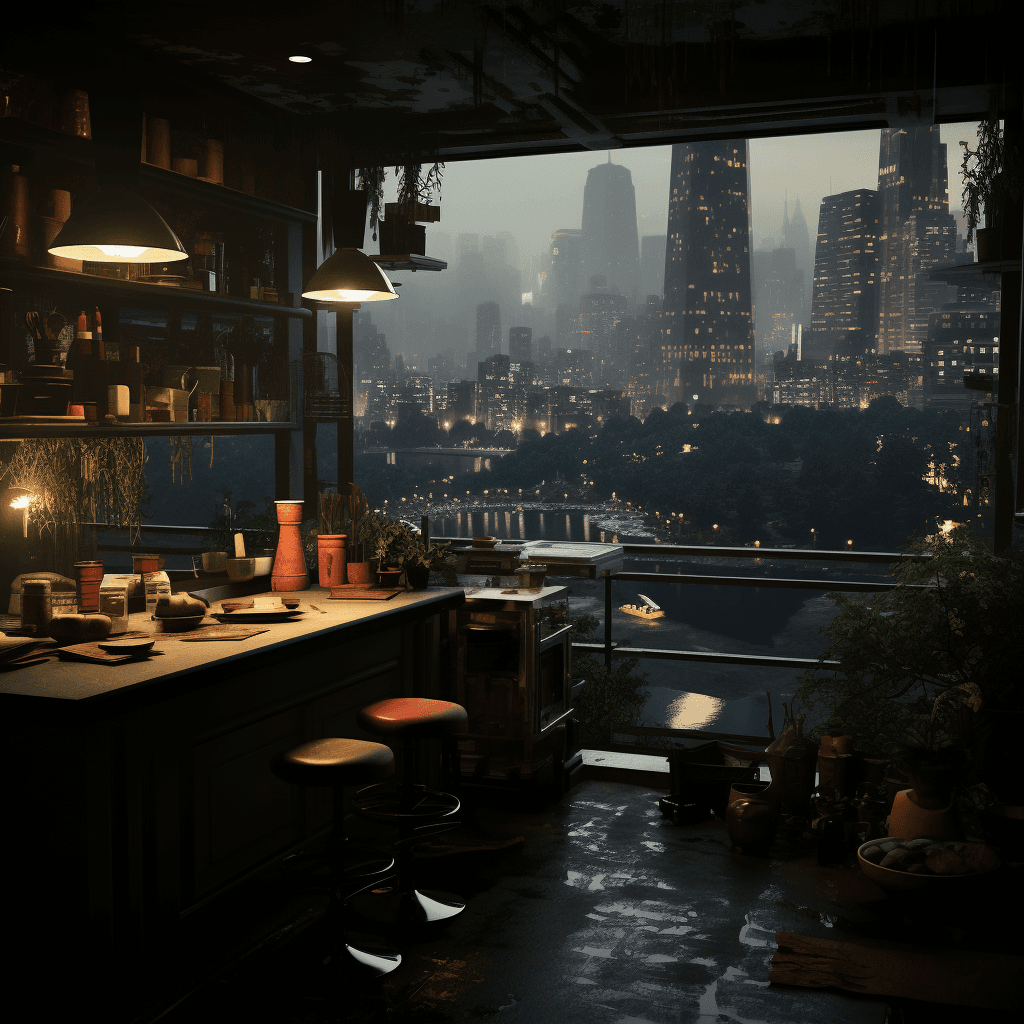 AI generated: An open-concept kitchen with a modern interior design style and a view of a lake from the window, sh...
