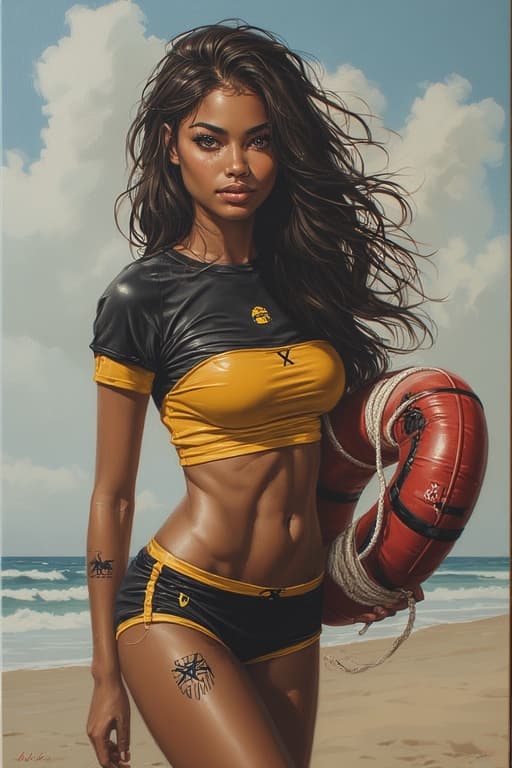 AI generated: A beautiful lifesaver woman, wearing a black and yellow lifeguard uniform, holding a red life preser...
