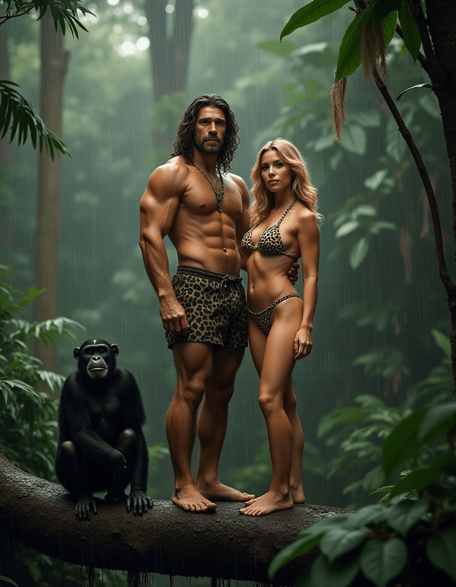 AI generated: tarzan and jane standing on a tree branch in tropical forest, looking at viewer, they both wear leop...