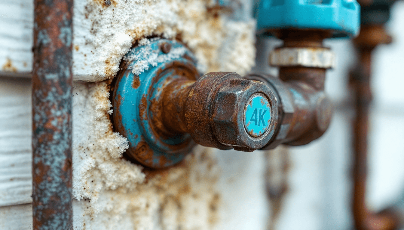 AI generated: 
Macro photograph, rusty water valve, blue handle, pipes covered in foam insulation, white siding ba...