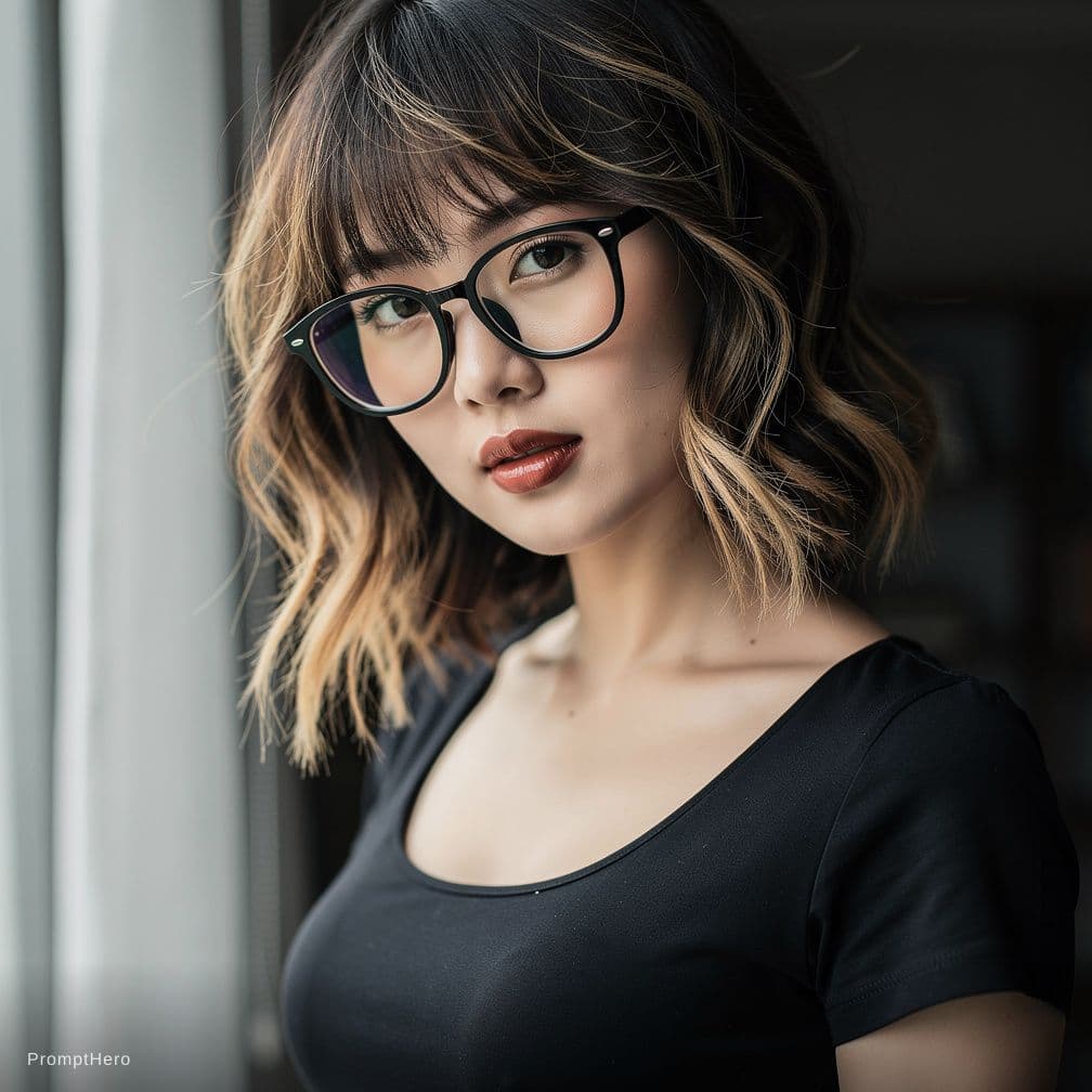AI generated: A 18 yo asian Mongolian girl with medium-length layered dark brown hair and messy blonde highlights,...