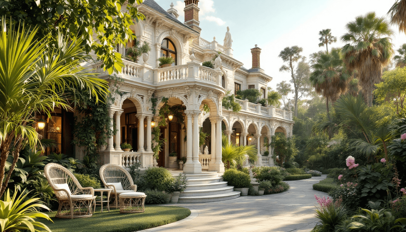 AI generated: bright victorian mansion with lots of plants, marble statues, and wicker chairs