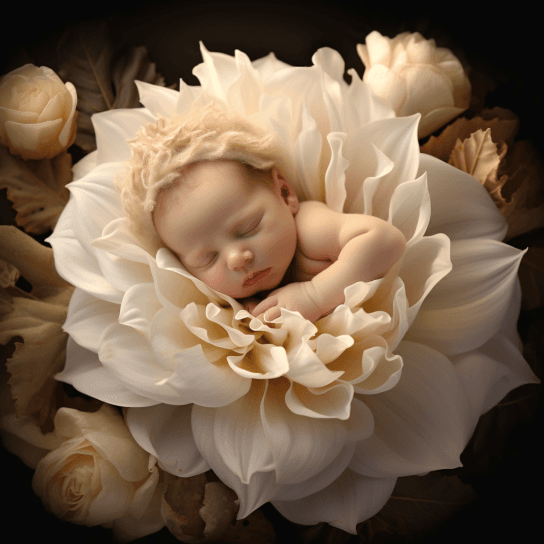 AI generated: A small perfect newborn human baby. Fast asleep inside a giant flower. Photorealistic. Soft lighting...