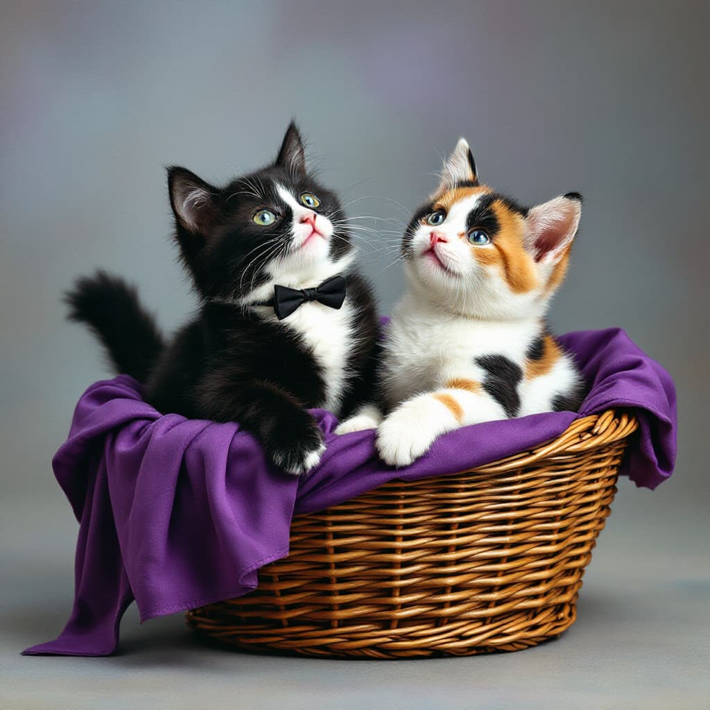 AI generated: Two cats, one tuxedo, one cow print frolicking in a basket of purple silk