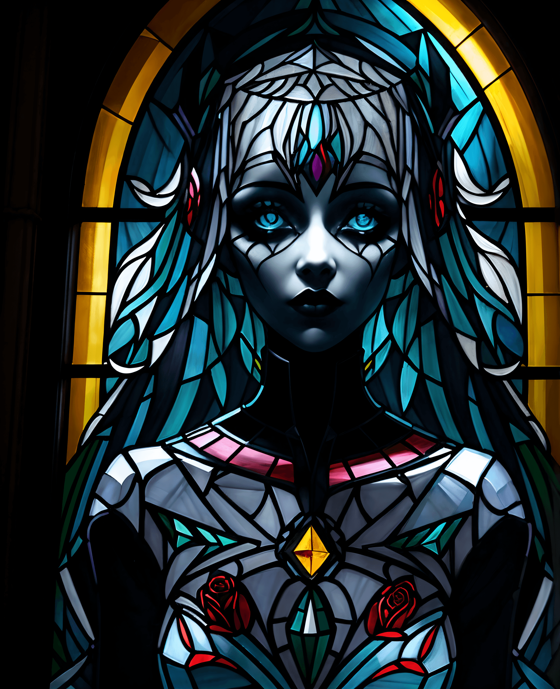 AI generated: (Masterpiece, exquisite art:1.2) , Stained glass Ghost girl, 1girl, Gothic Horror, spooky and ethere...